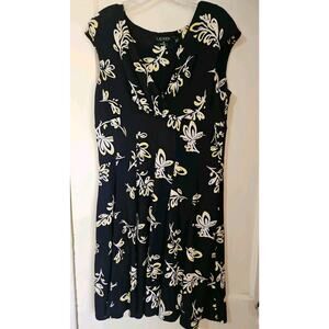 Ralph Lauren Floral Stretch Fit & Flare Cap Sleeve Dress Black Yellow Woman’s 16